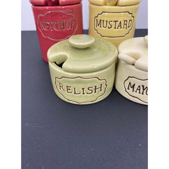 Pottery Barn Condiment Set Ceramic Vintage Style Ketchup Mustard Mayo Relish - Picture 3 of 7